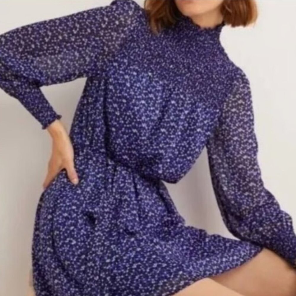 Boden Mara Bramble Smocked Blue Long Sleeve Dress